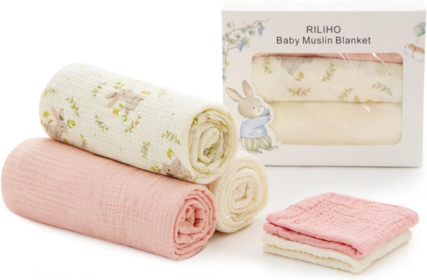 5 Pack Muslin Swaddle Blankets & Baby Burp Cloths, Soft & Breathable