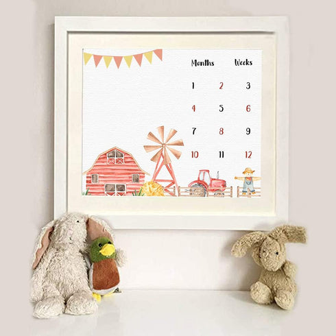 Farm Theme Baby Monthly Milestone Blanket, Soft Flannel, 48x40in, Tractor and Barn Backgrounds, Newborn Mom Gifts, Baby