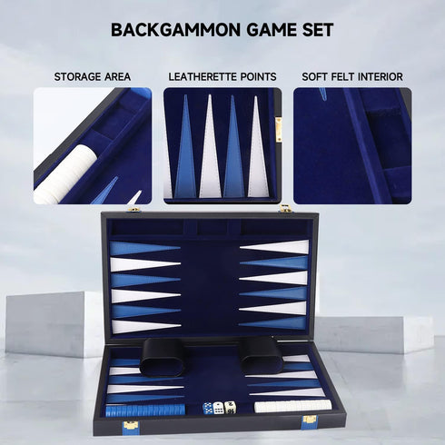 GSE Games & Sports Expert Premium Leather Backgammon Game Set with Leather Case, Travel Folding Board (Black&Blue)