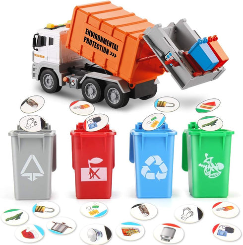 12" 4 Garbage Truck Toys Trash Truck Dump Truck with Garbage Cans, Friction Powered Truck with Sound and Light,Push