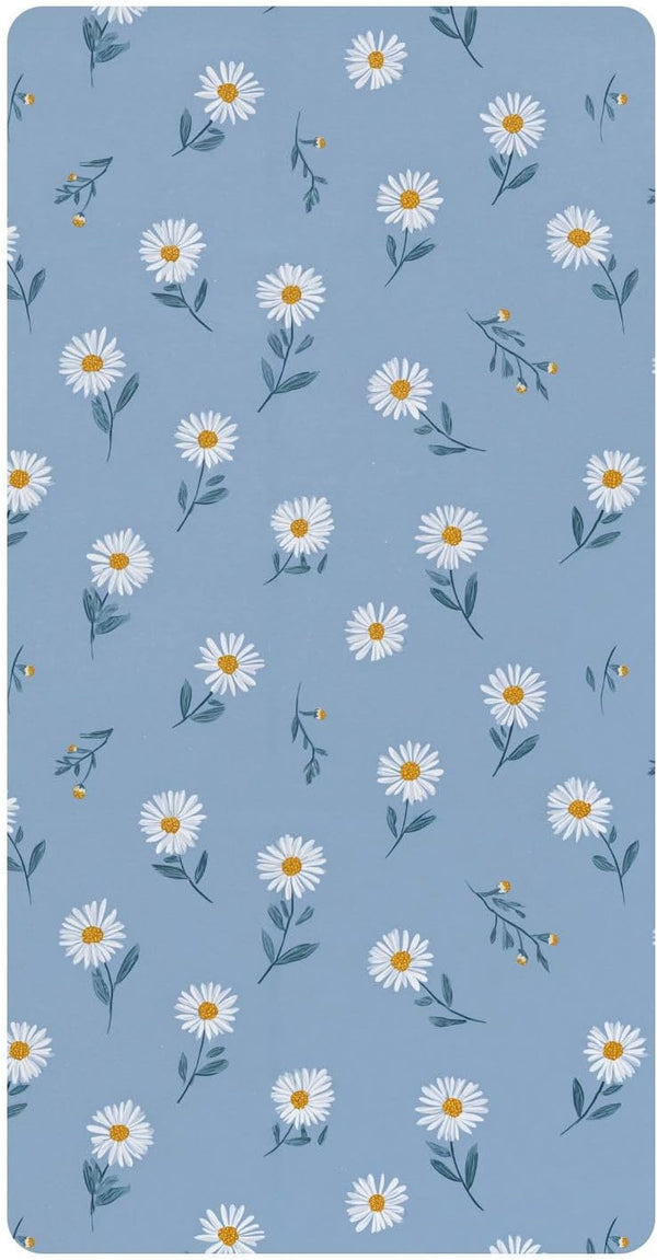miaozhen Cotton Baby Crib Sheets Comfy Breathable White Daisy Flower Pastel Blue Crib