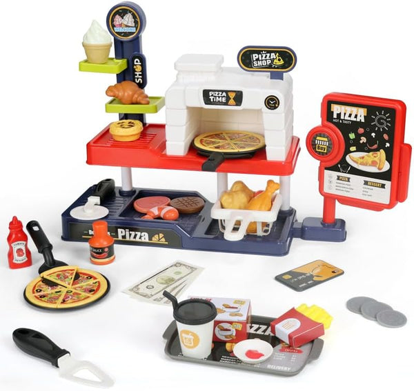 KiddoKraft Kids Pizza Play Set Pretend Pizza Kitchen Toy with Cutting Food, Grill,