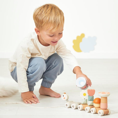 2 10 12 J04010, Janod Snail Train - Wagons and Pieces Including Removable Rattle - Pull Toy - Wood and Water Painting