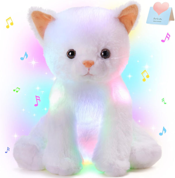 Houwsbaby 12'' White Musical Light Up Cat Stuffed Animal Kitty Plush Toy