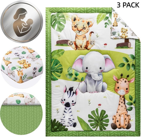 FIGEPO Set Sets Baby Crib Bedding Safari Neutral Crib Nursery Comforter Bed Decor with Fitted Crib Sheet, Comforter