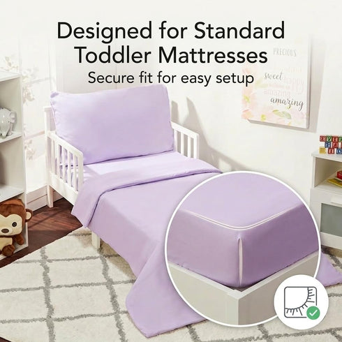 4 Set EVERYDAY KIDS Piece Toddler Bedding - Includes Comforter, Flat Sheet, Fitted Sheet and Pillowcase - Solid Purple