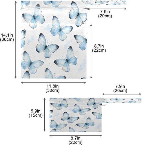 Haskirky 2 Blue Butterflies Watercolor Pcs Cloth Diaper Wet Dry Bags,Waterproof and Washable Bag for Travel Reusable
