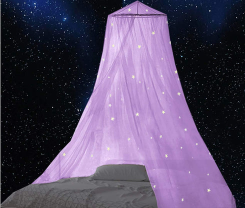 BCBYou Bed Canopy Mosquito Net with Fluorescent Stars, Glow in Dark for Baby Crib, Kids, and Adults (Purple)