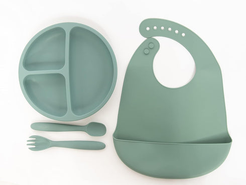 Lila & Jack's Baby Feeding Set, BPA Free Silicone Dinner Plate and Cutlery Set, Includes Spork, Spoon, Bib, and Plate