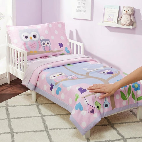 4 Set 100% EVERYDAY KIDS Piece Toddler Bedding - Owls - Soft Cotton Percale - Includes Comforter, Flat Sheet, Fitted