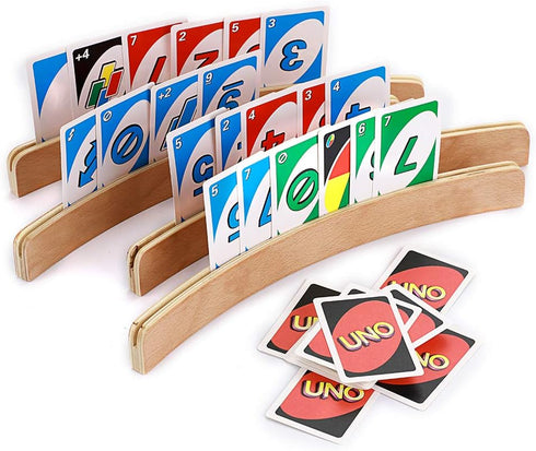 OwnMy Set of 4 Wooden Card Holders for Playing Cards, 13" Curved Wood Organizer for Kids, Adults, and Seniors