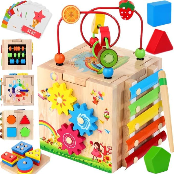 8-in-1 Wooden Baby Activity Cube - Xylophone, Shape Sorter, Abacus| 1st Birthday