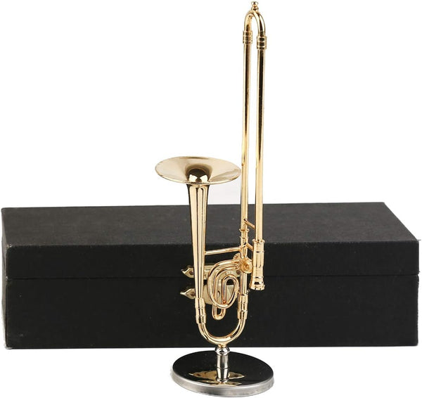 Dselvgvu Miniature Trombone with Stand and Case Brass Mini Musical Instrument Replica Collectible