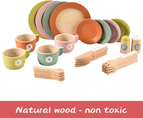 27PCS Set, Giant bean Wooden Toy Plates and Dishes for Kitchen Wooden Play Kitchen Accessories for Girls and Boys