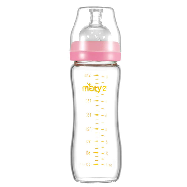 Matyz 8 Ounce Glass Baby Feeding Bottle With Nipple - Light and