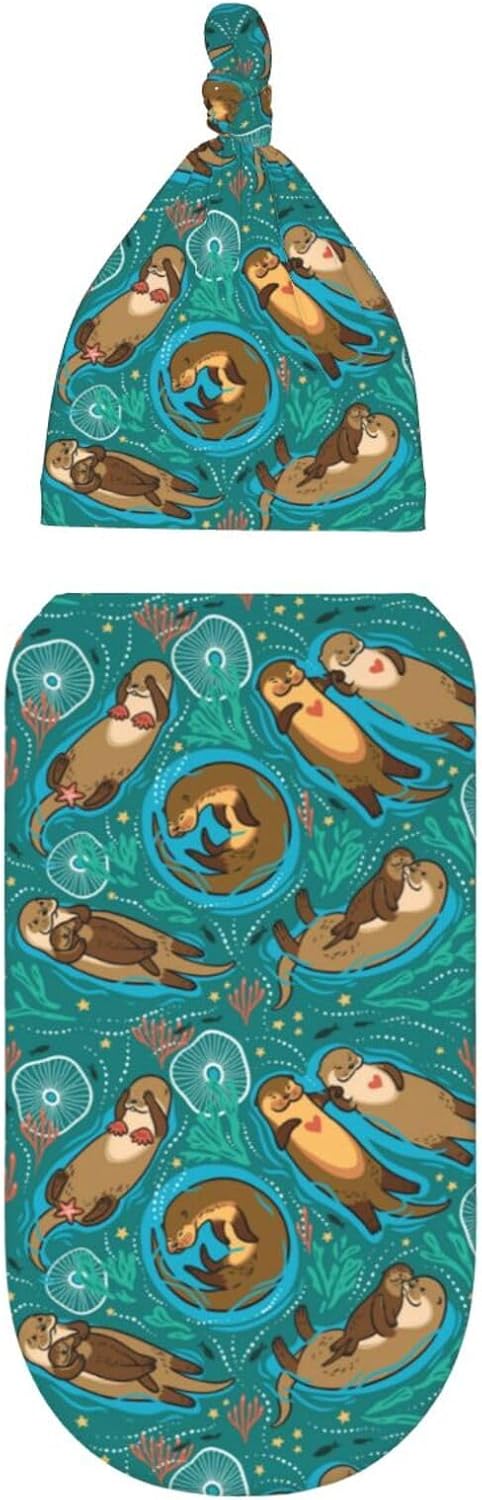 Cute Sea Otters Newborn Swaddle Blankets with Beanie Sets, Soft Swaddling Blanket Gifts for Infant Boys Girls