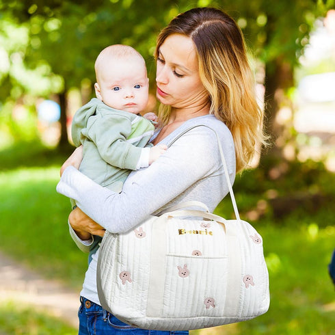 Custom Cotton Diaper Bag Tote for Women - Large Capacity, Multiple Compartments, Cute Rabbit Bear Design for Baby Girl