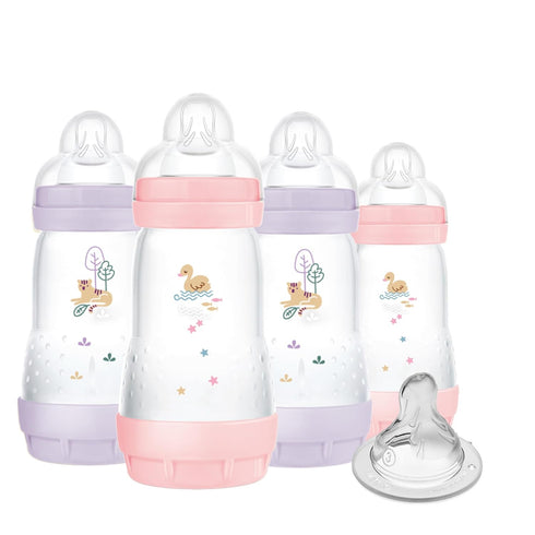 MAM 9 oz. 4 Pack 0-6M 4-Pack Easy Start Matte Deco Girl with Bonus Nipple + Original + Night Girl Pacifiers
