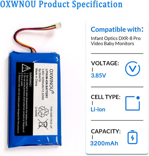 OWXINOU Replacement Battery for Infant Optics DXR-8 Pro, 3200mAh 3.85V Lithium Ion, 1-Pack (Not Compatible with DXR-8)