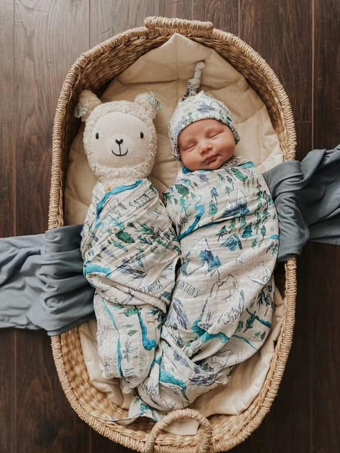 Miaoberry Mountain Baby Organic Muslin Swaddle Blankets for Baby Boy with Hat and Wooden Hello World Newborn Sign