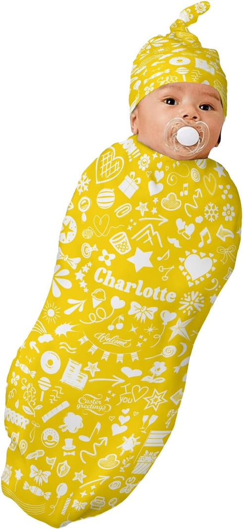 YallLocoMo Personalized Baby Swaddle Blanket for Boys Girls Yellow Bow Heart Rainbow Star