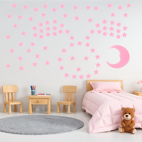 Tweruna 100 1 3D Stars & Moon Glow in The Dark Stars for Ceiling, Pink Glowing Wall Stickers with Adhesive Pads