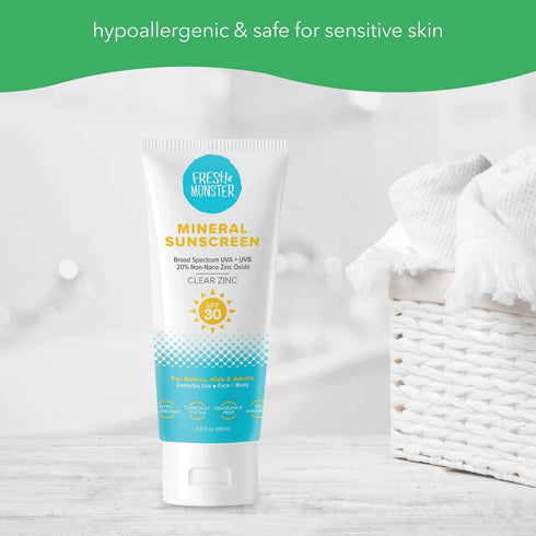 Fresh Monster Daily Kids Sunscreen, SPF 30, Clear Non-Nano Zinc Oxide, Reef Safe, Hypoallergenic for Kids