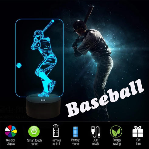 FULLOSUN Baseball 3D Night Light, Remote Control Bedside Lamp for Kids Baseball Fans, 16 Colors + 4 Modes + Dim Function