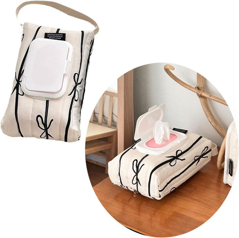 REDYY Pack Sturdy Cotton Wet Wipe Storage Quilted Bowknot Stripe Designs Soft Travel Tissue Holder for On The Way Moms
