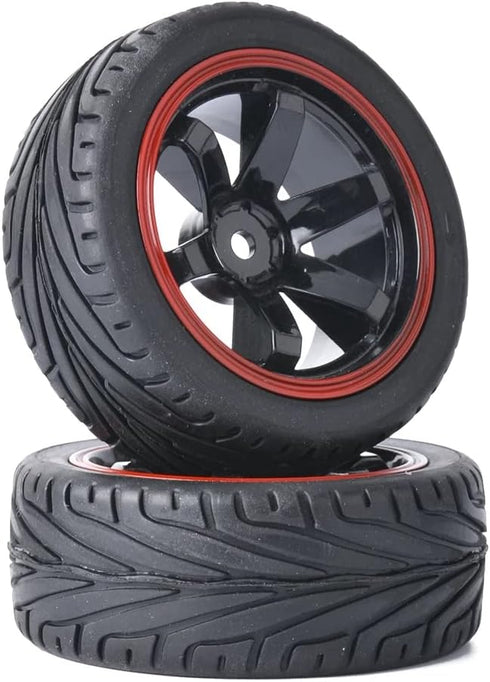 4PCS Black/Red RC Car Rubber Tires and Plastic Wheels Rims for 1/10 Scale On Road Touring Racing Flat Drift Car