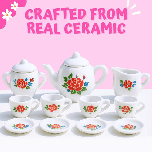 17 Set Playset, Pieces Floral Miniature Porcelain Ceramic Tea - Pretend Play Kids Toy Mini Kitchen Fun Doll Dramatic