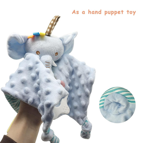 Elephant Security Blanket for Baby, Soft Plush Minky Fabric Lovey, Crinkle Sensory Blanket, Unisex Baby Gift (Blue 11")
