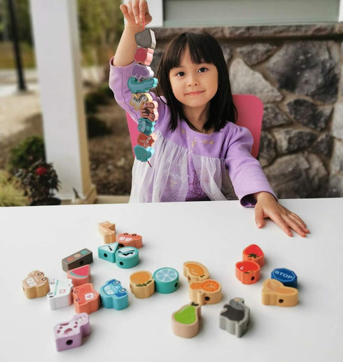 Montessori Educational Threading Toys, Wooden Stringing Traffic Animals Fruits Lacing Beads for Toddlers