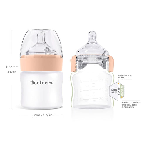 0M+ (2 Pack, 3 Yooforea Silicone Coated Glass Baby Bottle, Slow Flow Nipple I Anti-Colic, Wide Neck, Stable Base I
