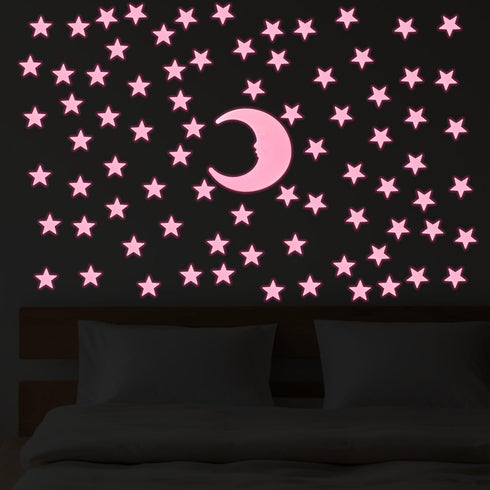Tweruna 100 1 3D Stars & Moon Glow in The Dark Stars for Ceiling, Pink Glowing Wall Stickers with Adhesive Pads