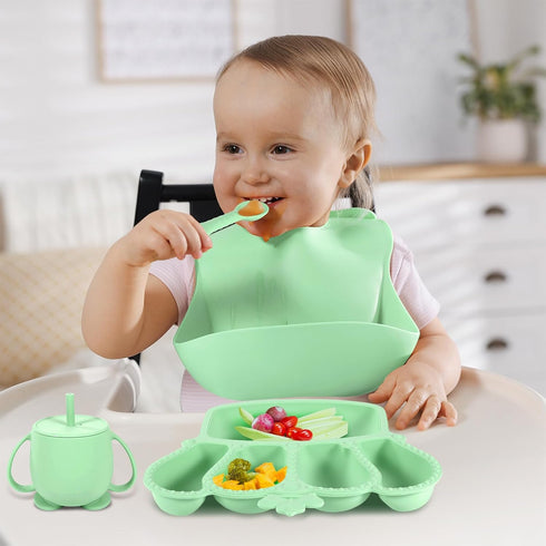 BXLL 10 Set Pcs Green Silicone Baby Feeding - Baby Led Weaning Supplies with Suction Bowl, Divided Plate, Bibs, Fruit