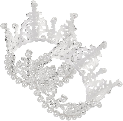 Amosfun 2pcs Mini Pearl Crown Cake Topper, Rhinestone Princess Tiara for Cupcake, DIY Birthday Wedding Party