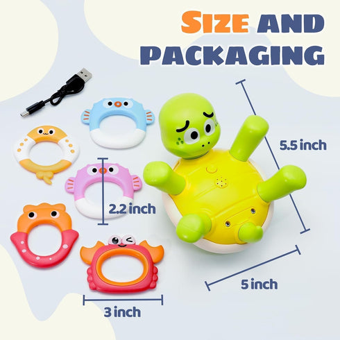 5 1-3 Sizobi Baby Bath Toys, Rechargeable Turtle Bath Toy Sprinkler for Toddler with Rings, Bathtub Fountain Spray