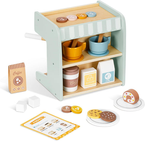 2-in-1 Toy Coffee Maker, Kids Wooden Coffee Maker Playset with 28 Pcs Play Kitchen Accessories for Girls & Boys