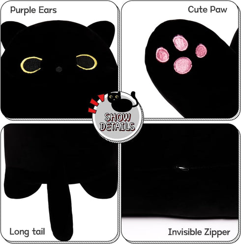 Cat Soft Plush Pillow - Cute Cat Body Pillow, Long Stuffed Cat Plush Toy Gift for Kids (50CM, Full Black)