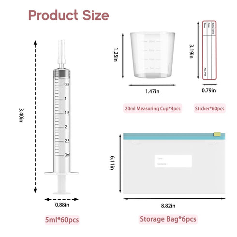 60 Sets 3Ml 60 3ml 4 6 60 Colostrum Collector Kit Include No Needle Sterile Syringes with Cap, Measuring Cup, Zip-lock