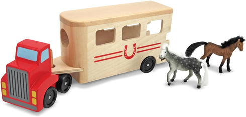 Melissa & Doug Horse Carrier Wooden Vehicle Play Set with 2 Flocked Horses and Pull-Down Ramp