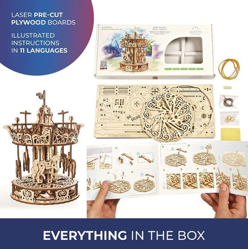 UGEARS Carousel Wooden Mechanical 3D Model, Self-Assembling Craft DIY Kit for Adults and Teens