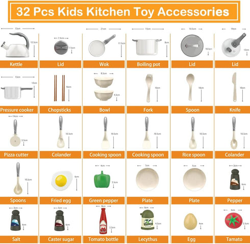 Bruvoalon 32Pcs Kids Play Kitchen Toys Set, Pretend Cooking Accessories with Pots, Pans, and Utensils