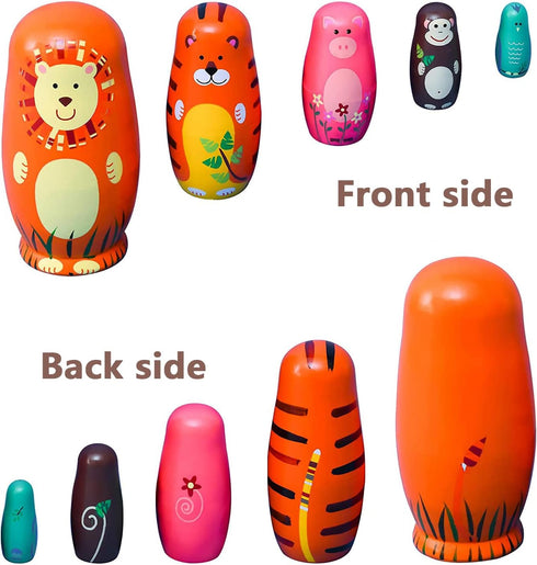 Russian Nesting Dolls for Kids, Stacking Wooden Handmade Matryoshka Dolls, 5 Piece Cute Cartoon Animal Pattern, Great Toy Gift for Girls Boys' Birthday or Home Decoration (Orange)