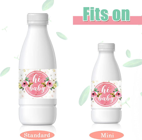 Zonon 48 Pieces Pink Baby Shower Water Bottle Labels, Floral Baby Shower Decorations Waterproof Stickers