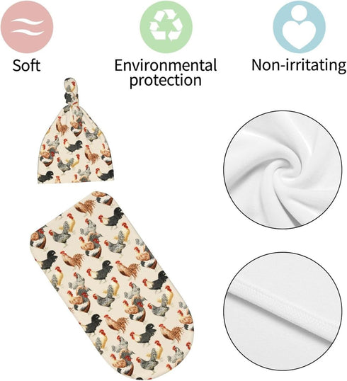 WELBB Set,Stretchy Rooster Chickens Baby Girl Boy Gifts Newborn Swaddle Blanket with Beanie Receiving Blanket Newborn
