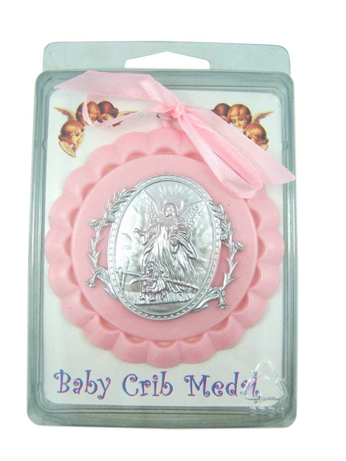 Moulded Acrylic Pink Crib Medal with Guardian Angel, 3 1/2 Inch for Baby Girl Nursery Decor