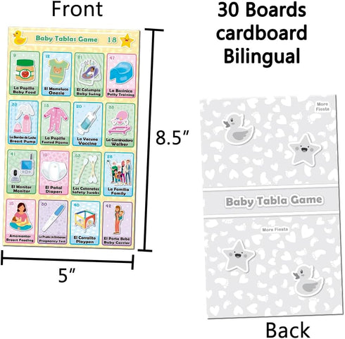 Baby Shower Tablas Game - Bilingual Bingo English and Spanish, for Up to 30 Players