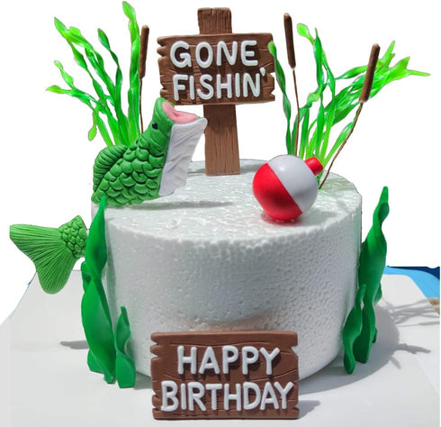 DiDida Fishing Cake Topper Gone fishing Cake with Bass Reed Happy Birthday Sign